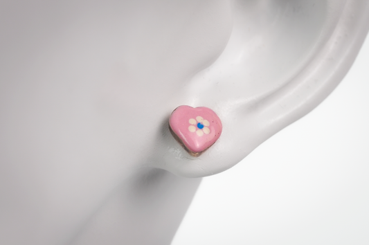 Vintage Sterling Silver Hand Painted Pink Flower Heart Stud Earrings - Stamped "925 Italy"- Dainty Italian Sterling Pink Heart Stud Earrings