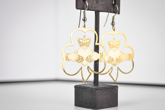 Vintage Gold Tone Irish Claddagh Symbol and Clover Flat Cutout Dangle Earrings - Stunning Large Gold Toned Ireland Clover Earrings