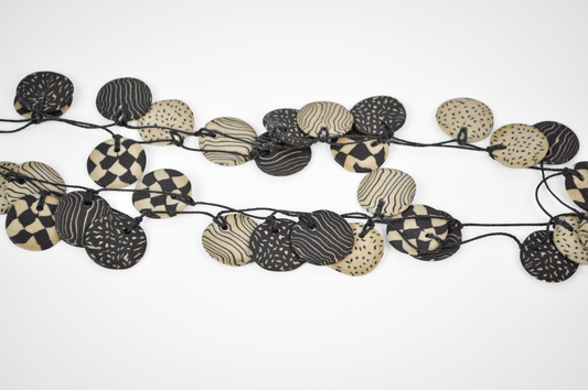 Fine Artist Made Kenwood Porcelain Black Cord Necklace by Thomas A. Hoadley - Black and White Pattern Kenwood Porcelain Necklace