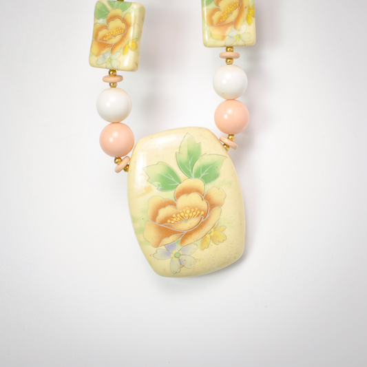 Vintage Japanese Floral Ceramic and Lucite Statement Necklace - Japan Stamped - Ceramic Gold Tone Japan Style Pink and White Necklace
