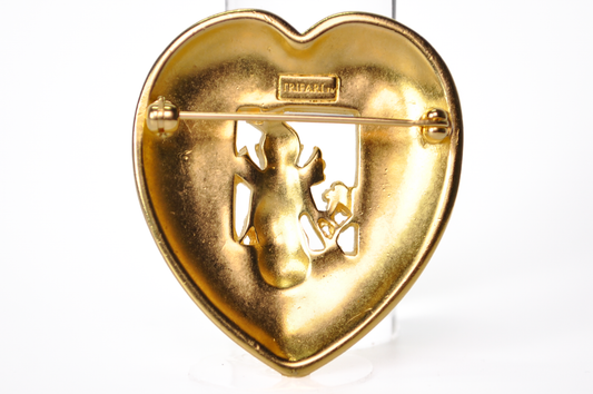 Vintage Trifari Gold-tone Heart Cherub Window Rhinestone Brooch - 1990s Trifari Signed Heart Cherub Brooch Pin