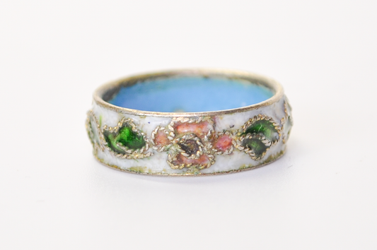 Vintage Chinese Cloisonné White Floral Ring - Size 5.75 - Genuine Cloisonne Enamel Inlay Flower Dainty Band Ring