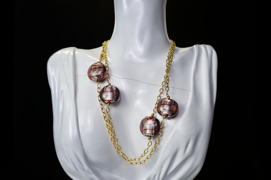 Vintage Gold Plated Sterling Silver Murano Purple Foil Glass Beads Necklace - Stamped 925 Sterling Silver Gold Venetian Glass Necklace