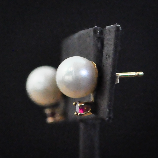 14K Gold Pearl and Ruby Stud Earrings - Bright Red Rubies - Stunning 14K Yellow Gold Pearl and Ruby Earrings