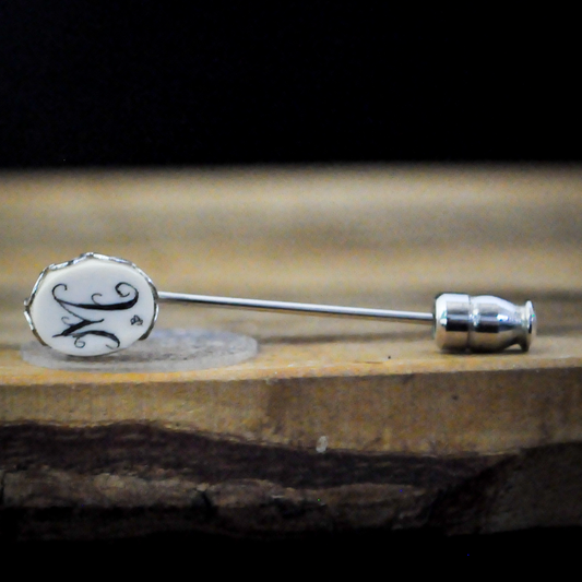 Vintage Sterling Silver White Ivory "M" Initial Etched Hat Stick Pin - Cursive Initial Pin - Sterling 925 White Monogram "M" Hat Stick Pin