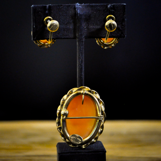 12K Gold Filled Bal-Ron Cameo Pin and Screw Back Earrings Set - 1950s Bal-Ron Yellow Gold Genuine Cameo Brooch and Earrings