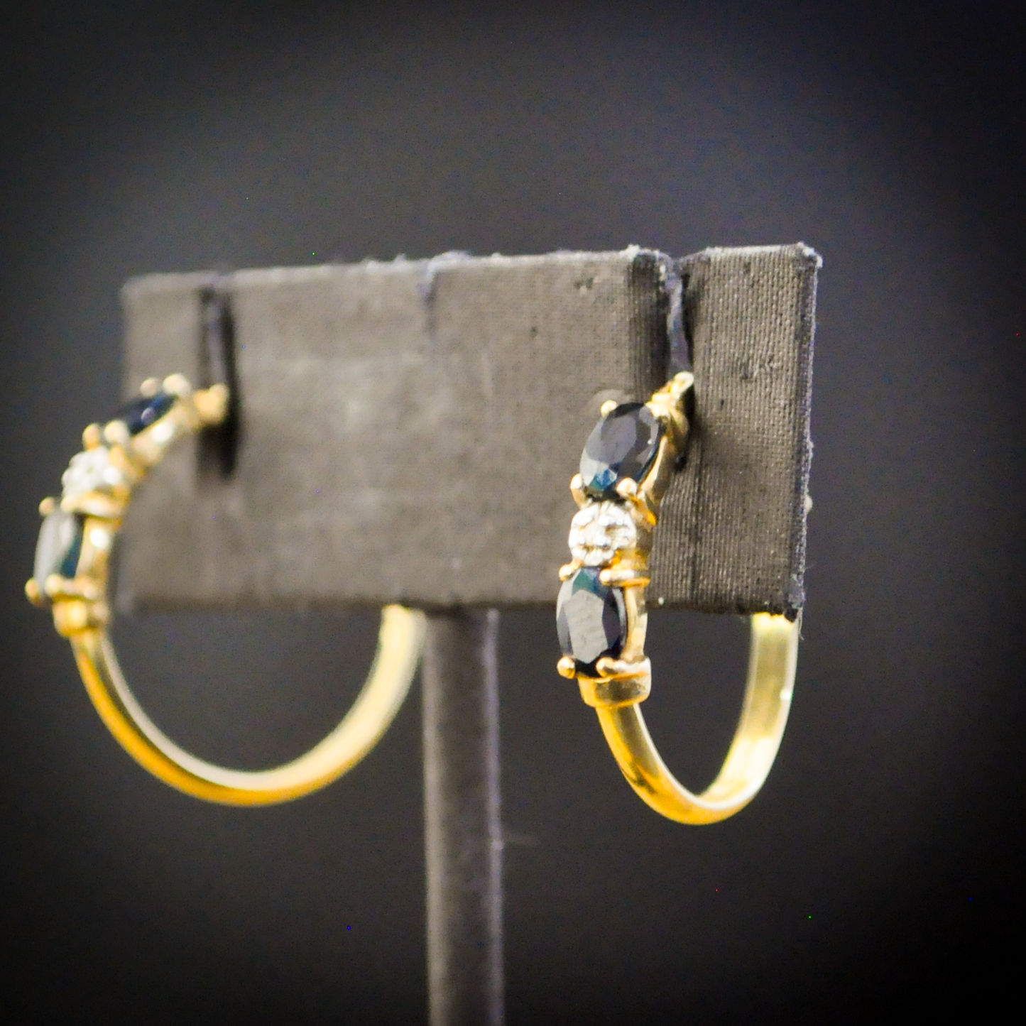 14K Gold Oval Cut Dark Sapphire and Small Diamonds Huggie Hoop Earrings - Stamped 14K Gold - 14K Yellow Gold Sapphire Hoop Earrings