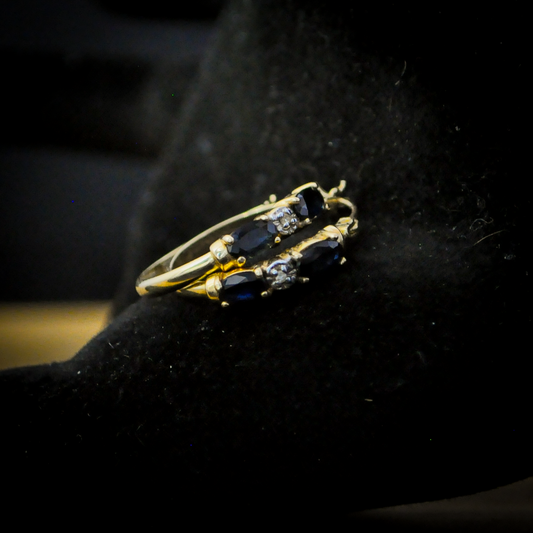 14K Gold Oval Cut Dark Sapphire and Small Diamonds Huggie Hoop Earrings - Stamped 14K Gold - 14K Yellow Gold Sapphire Hoop Earrings