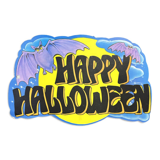 Vintage Double Sided Flocked Happy Halloween Bats Die Cut Wall Decoration - 14.5" x 9.25" - 1980s Velvet Detailed Spooky Night Sky Decor