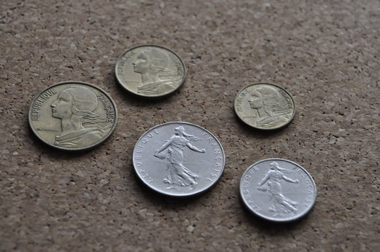 French Coin Collection - Franc and centimes - Pre-Euro - 5 Coins, 5, 10, and 20 Centimes, 1 Franc, and Half Franc Coins