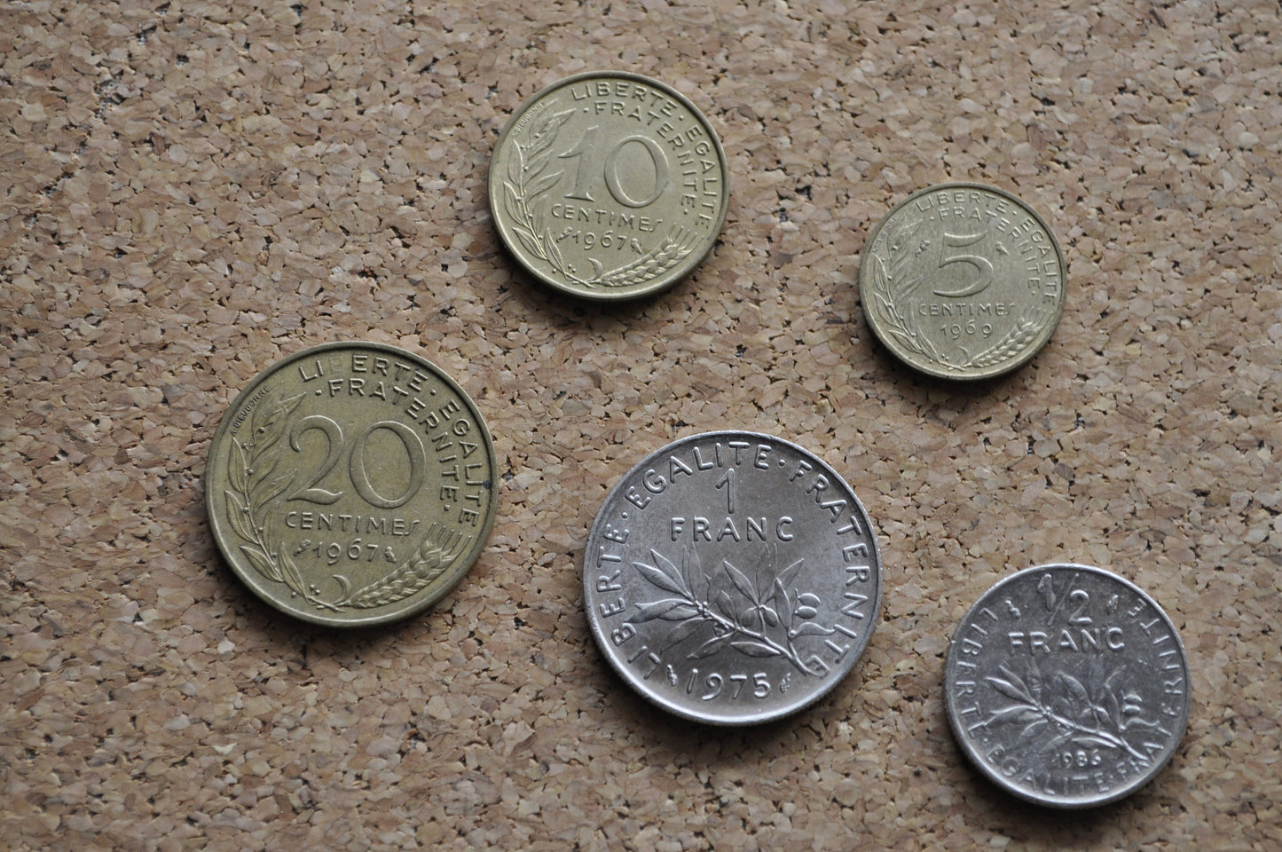 French Coin Collection - Franc and centimes - Pre-Euro - 5 Coins, 5, 10, and 20 Centimes, 1 Franc, and Half Franc Coins