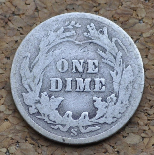 1908-S Barber Silver Dime - G (Good) Condition - San Francisco Mint - 1908 S Liberty Head Dime Barber 1908 S Mint Mark Dime Silver