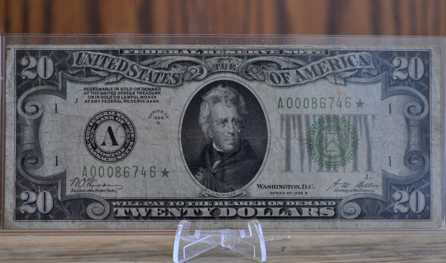 1928-B 20 Dollar Star Note Federal Reserve Note - F (Fine) Grade / Condition - Boston - 1928 B Twenty Dollar Star Note Fr#2052-A* / Fr2052A*