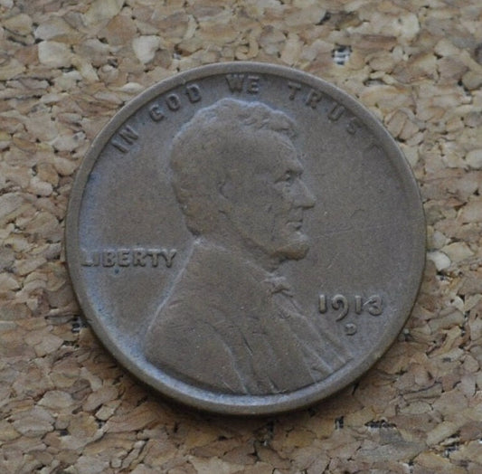 1913-D Wheat Penny - F (Fine) Grade / Condition - Early Date - 1913D Wheat Cent - Denver Mint - Wheat Ear Cent 1913 D - WW1 Era Coin