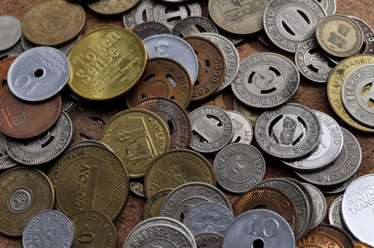 Lot of Vintage Transit Tokens - Old Bus Tokens, Train Tokens, T Tokens, Bridge Tokens Assorted States and Companies, lot of 10, 20, 30
