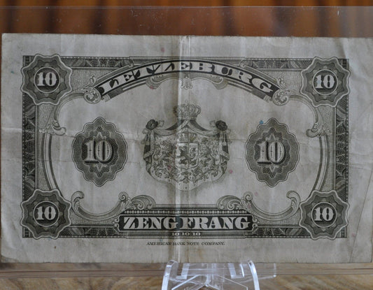 1944 Grand Duché De Luxembourg Dix Francs Paper Note - VF (Very Fine) - WWII Era Bank Note - Grand Duché De Luxembourg Ten Francs Banknote
