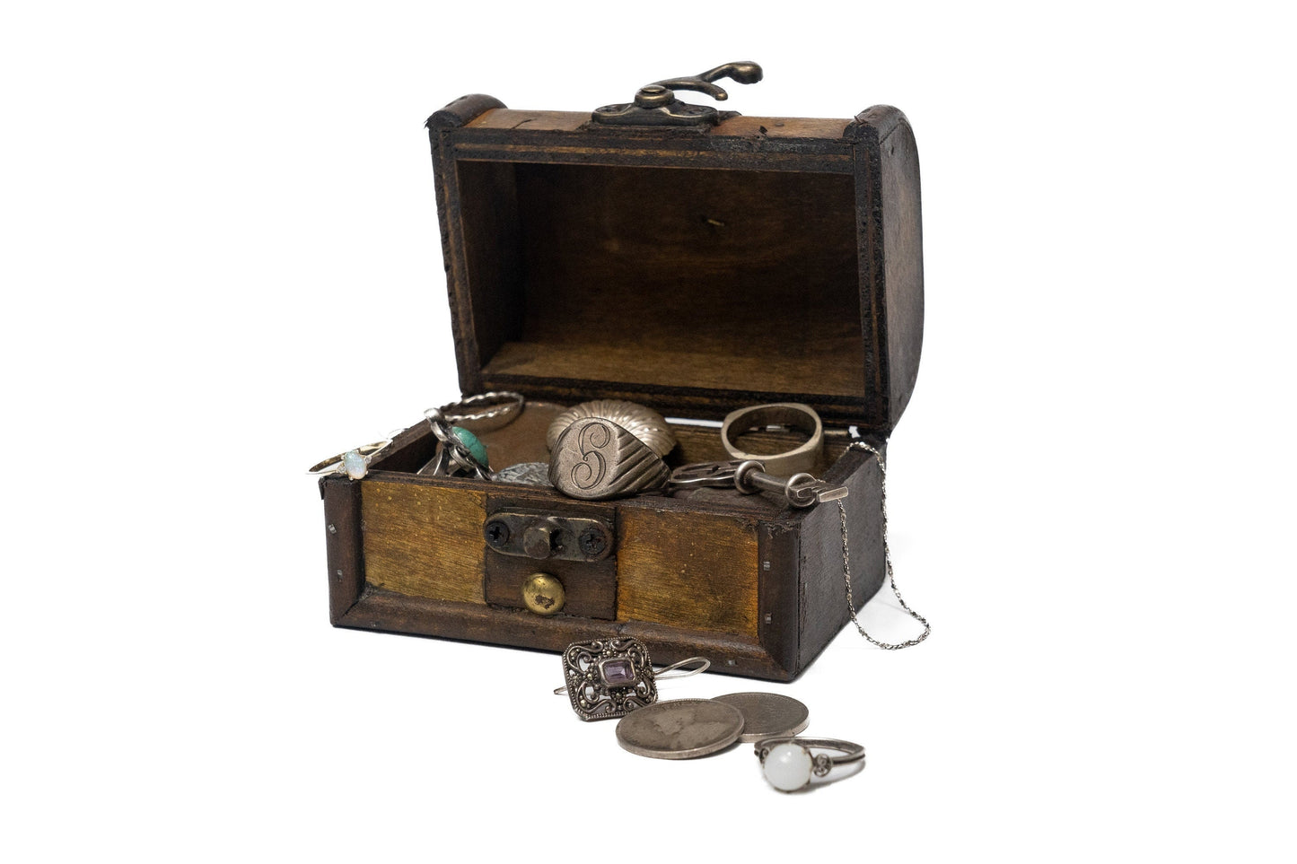 Treasure Chest Filled with Real Silver Jewelry, Old and Ancient Coins, Silver Coins, Semi-Precious Stones, Amulets and More! - Great Gift!