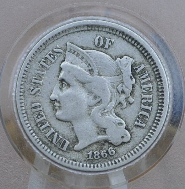 1866 Three Cent "Nickel" Us Coin - Civil War Era - Great Condition - Vg To F (Very Good To Fine) Us 3 Cent Coins