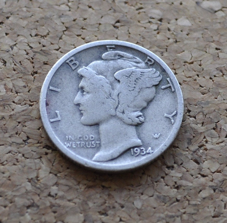 1934-D Mercury Dime - F to VF (Fine to Very Fine) - Denver Mint - Winged Liberty Head Dime 1934D - Silver Dime 1934 D