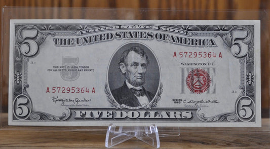 1963 5 Dollar United States Note Red Seal - Fine to AU, Choose by grade - 5 Dollar Bill 1963 Five Dollar Red Seal - Fr#1536