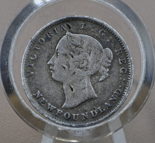 1894 Newfoundland Silver 5 Cent Coin - VF Details, Puncture Marks - Queen Victoria - 5 Cents Newfoundland 1894 Silver - Low Mintage