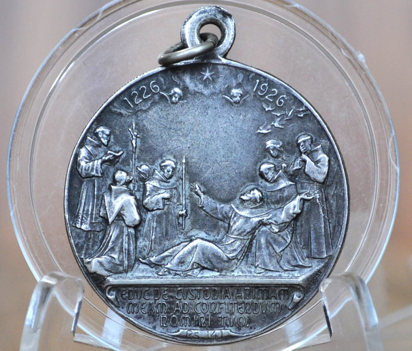 Beautiful 1926 Sterling Saint Francis of Assisi Medal - Vintage Catholic Medallion - Francesco d'Assisi, Psalm 141, Silver Religious Pendent