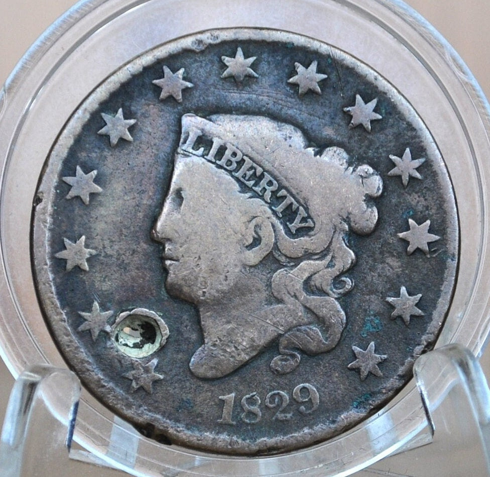 1829 Matron Head Large Cent Medium Letters - VG Details, Damaged - Low Priced Coin - 1829 Coronet Liberty Head Cent - Rarer Variety