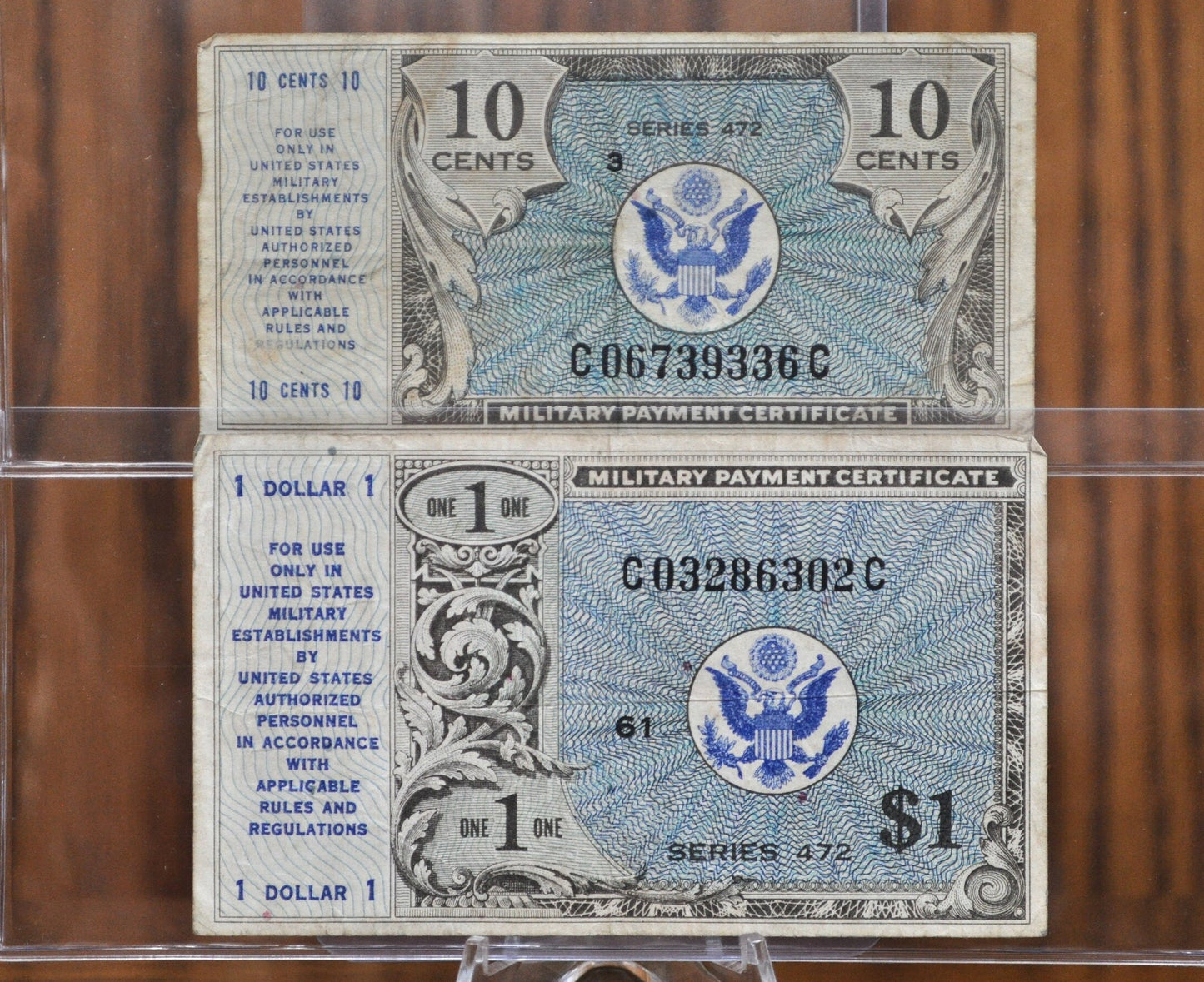 Set of Two Military Payment Certificates Series 472 - 10 Cent and 1 Dollar MPCs From Series 472 - Military Payment Certificates 1948