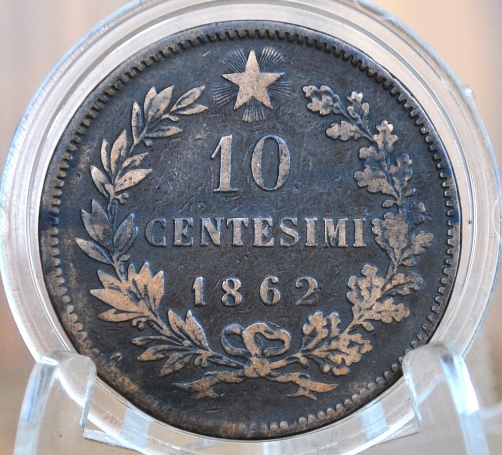 1862 Italian 10 Centesimi - Great Condition - 1862 10 Cent Coin Italy - Vittorio Emanuele II - Copper