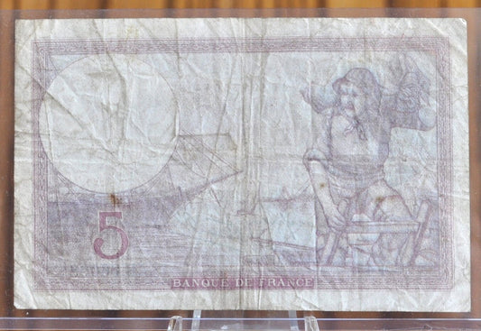 1939 France 5 Franc Banknote - WWII Era French Bank Note, Beautiful Design - French Cinq Francs Banknote 1939