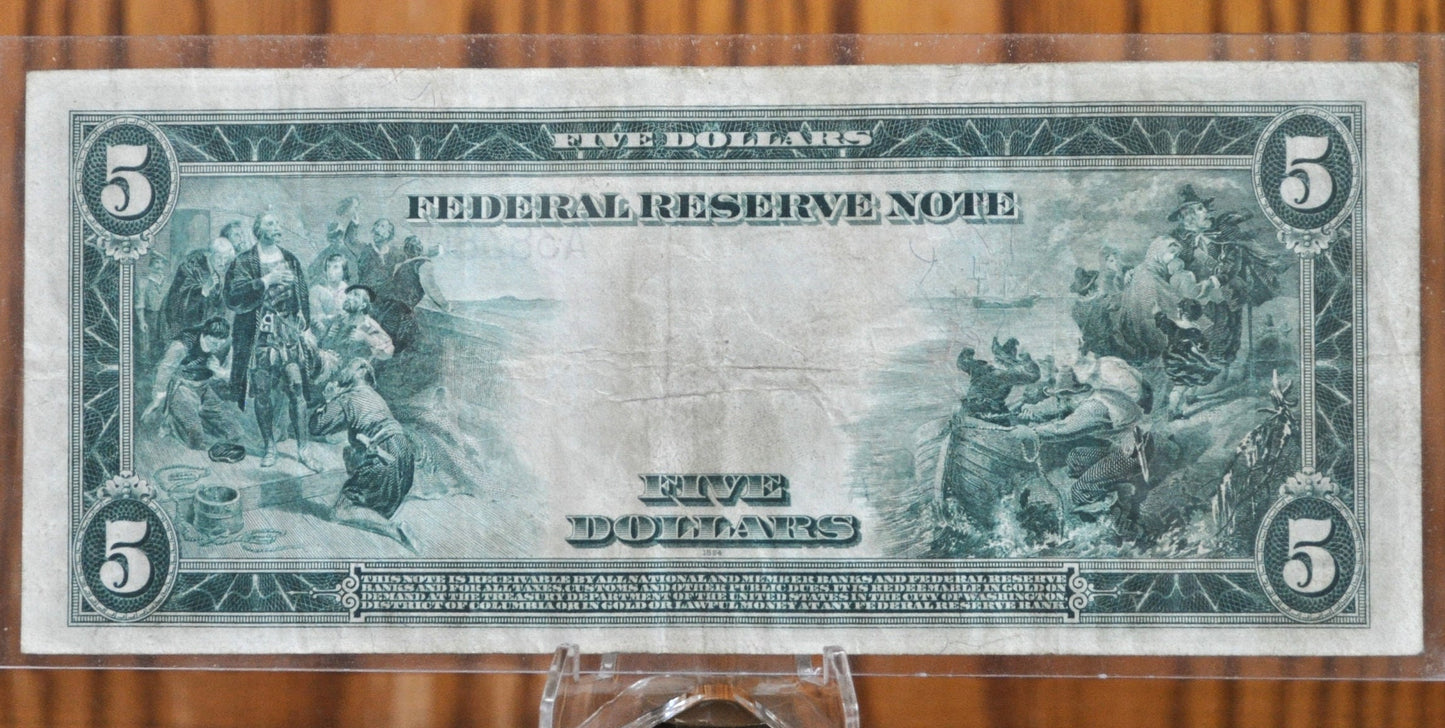 1914 5 Dollar Federal Reserve Note Large Size Fr847A - XF (Extremely Fine) - Boston 1914 Five Dollar Bill Large Note 1914-A Boston Fr#847A