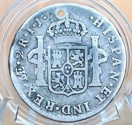 1793 Spanish 2 Reales, Peru, Silver - VG/F Detail - Spanish Silver Colonial Era Coin 1793 Two Reales - Pirate Coins