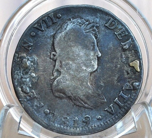 Genuine Antique Love Token CF - Made From an 1819 Silver Spanish Colonial 2 Reales Coin - Beautiful Scroll Work, 1800s Love Token