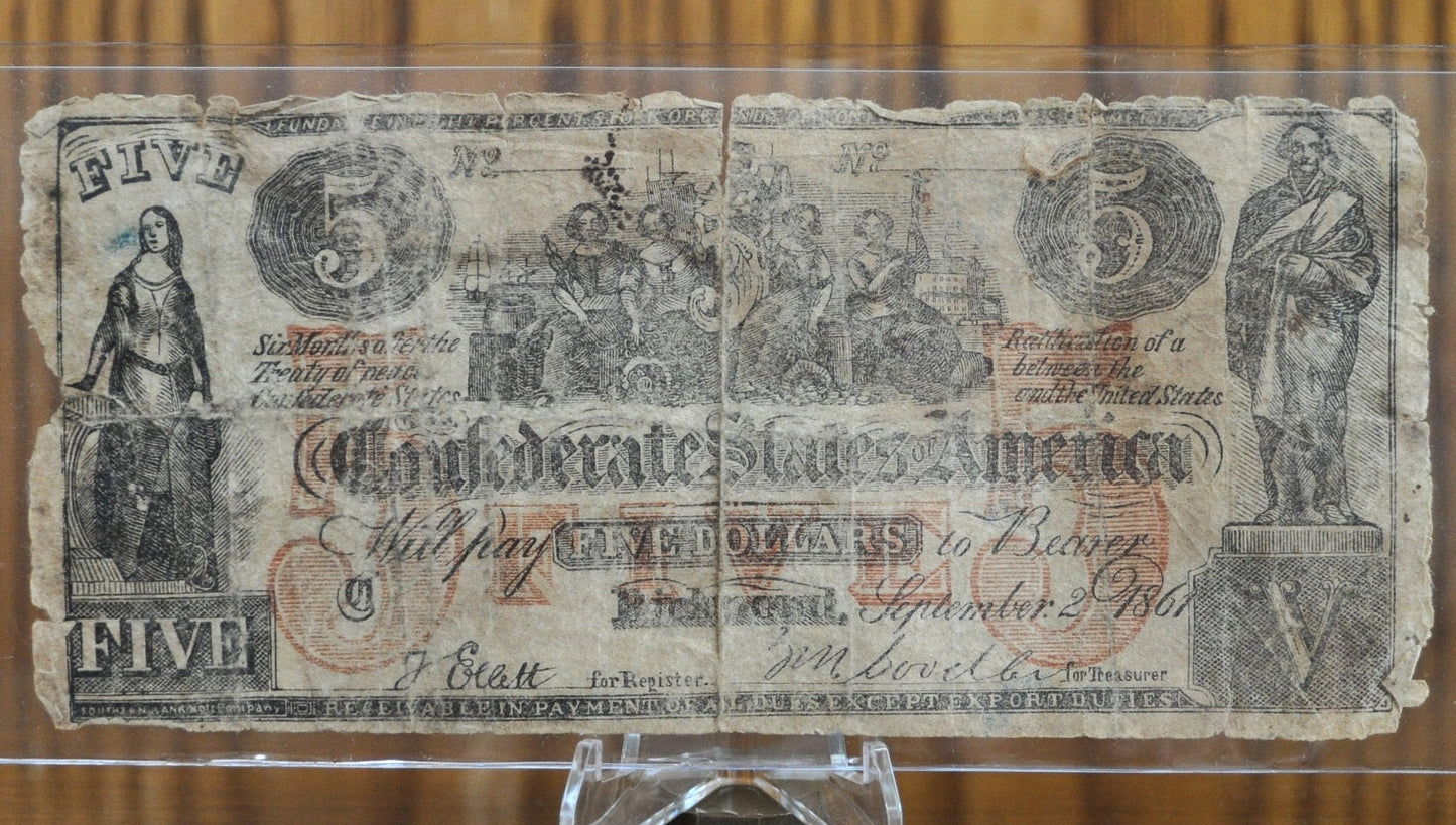 1861 Confederate States of America 5 Dollar Note - Contemporary Counterfeit - 1861 Counterfeit Confederate Five Dollar Bill 1861 - T31/CS31