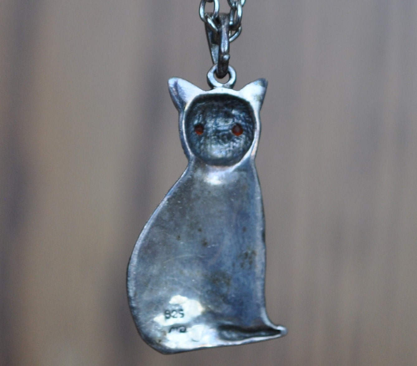 Awesome Vintage Cat Pendent! Sterling Silver - Cat Silver Jewelry - Red Eyed Cat, Cat Jewelry