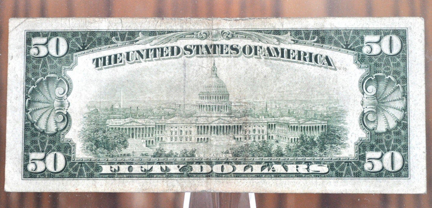 1934 50 Dollar Bill Fr#2106-C - F/VF Grade / Cond. - Ulysses Grant 1934 Fifty Dollar Federal Reserve Note Fr Number 2106 C Philadelphia 1934