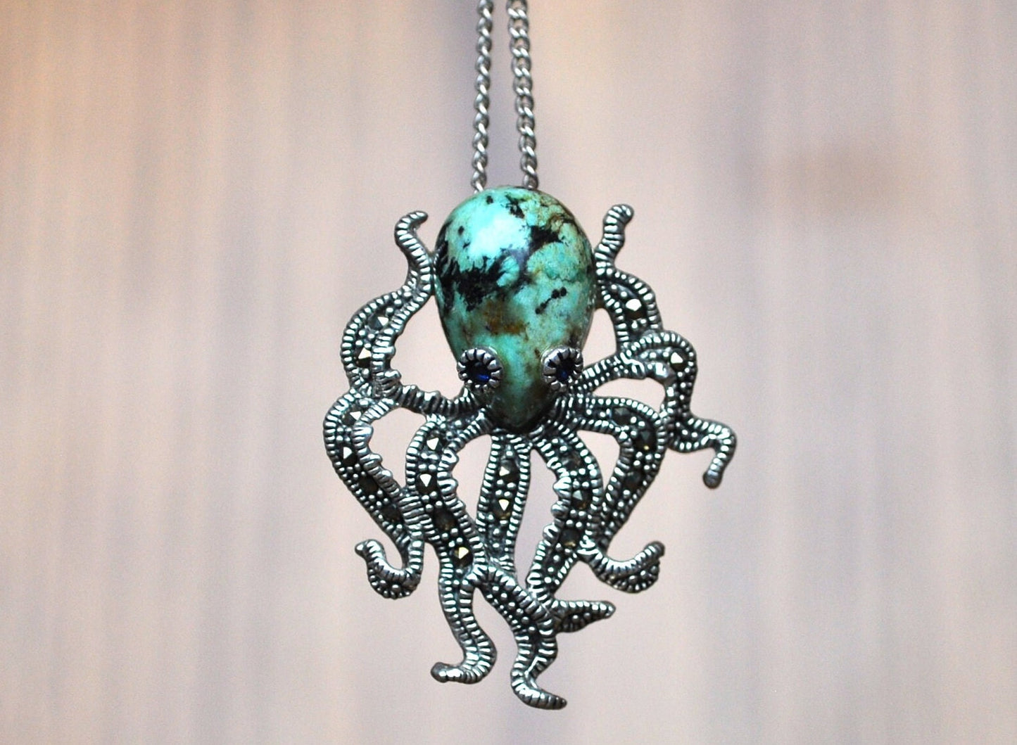 Beautiful Sterling Silver Octopus Pendent with Ocean Jasper Stone - Vintage Silver Necklace Pendent - Unique Piece, Lovely, Nautical Jewelry