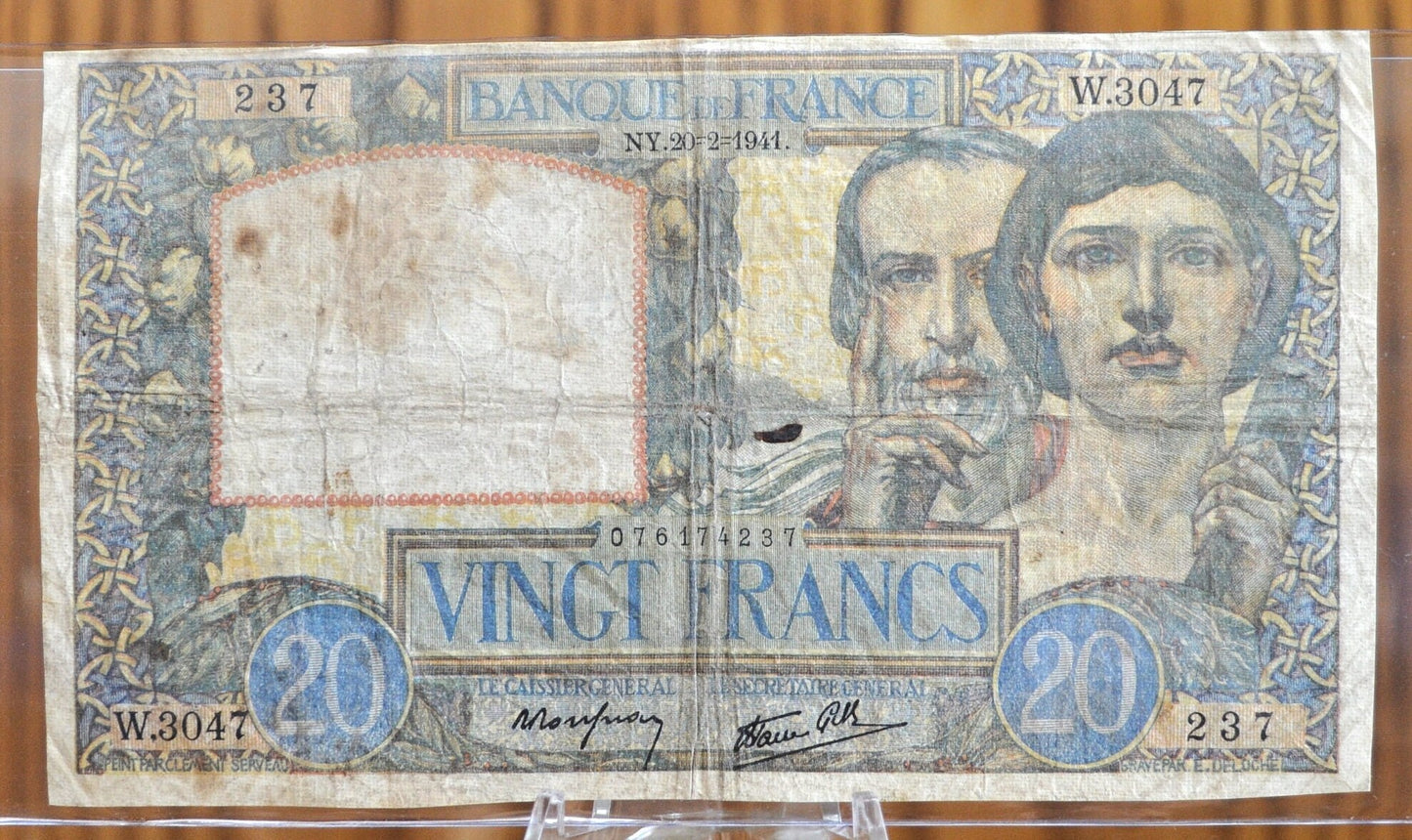 1941 France 20 Franc Banknote - Travail et Science Type - 20-2-1941 (February 20th 1941) - French Twenty Francs Banknote 1941 P#92b