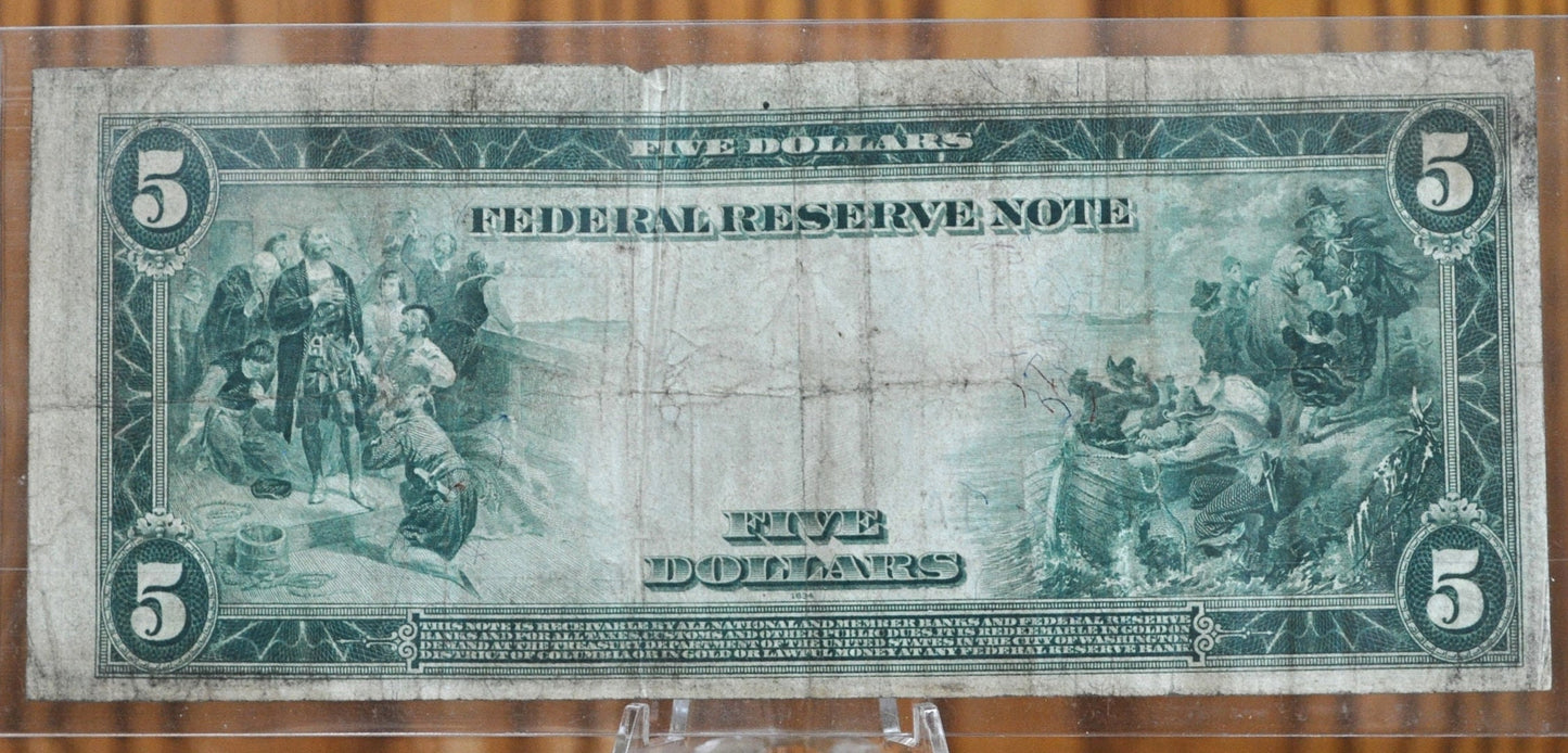 1914 5 Dollar Federal Reserve Note Large Size Fr870 - F (Fine) - Chicago 1914 Five Dollar Bill Large Note 1914 Horseblanket Fr#870
