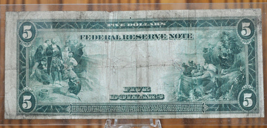 1914 5 Dollar Federal Reserve Note Large Size Fr870 - F (Fine) - Chicago 1914 Five Dollar Bill Large Note 1914 Horseblanket Fr#870