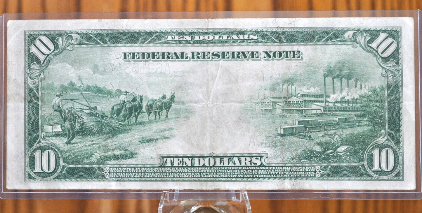 1914 10 Dollar Federal Reserve Note Large Size Fr#907b - AU (About Unc.) - Boston 1914 Ten Dollar Bill Large Note 1914 Horseblanket Fr907b