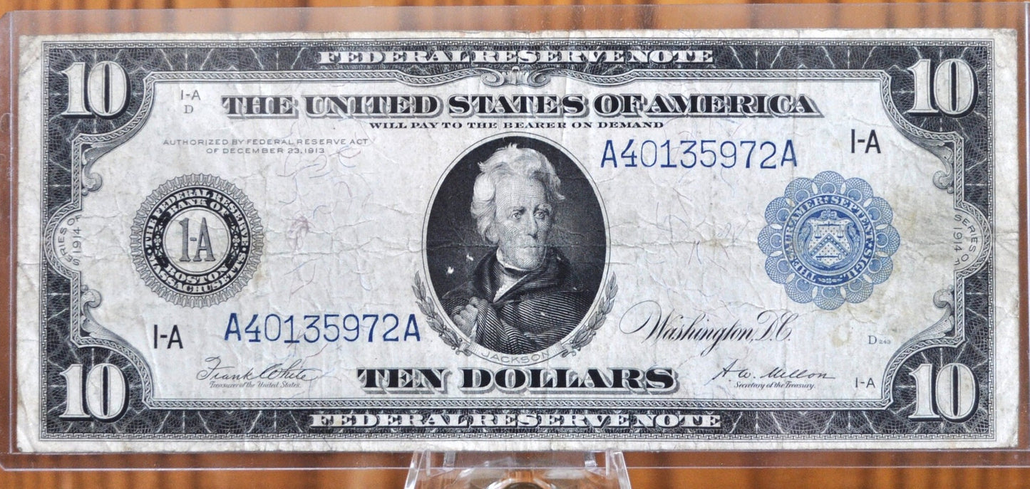 1914 10 Dollar Federal Reserve Note Large Size Fr#907a - VF (Very Fine) - Boston 1914 Ten Dollar Bill Large Note 1914 Horseblanket Fr907a