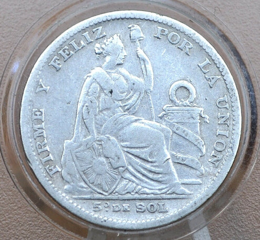 1890 Peru Silver 1/5 Sol - Low Mintage, Only 85,000, Great Condition - 1890 One Fifth Sol Peru Silver Un Sol 1890 TF Republica Peruana Lima