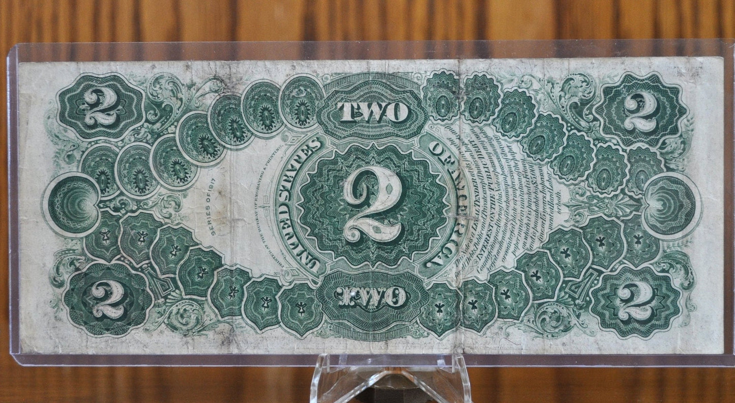 1917 2 Dollar Bill - VF (Very Fine) Grade / Condition - Rarer Note - 1917 Horse Blanket Note Two Dollar Bill Bracelet back Fr#60 Fr60