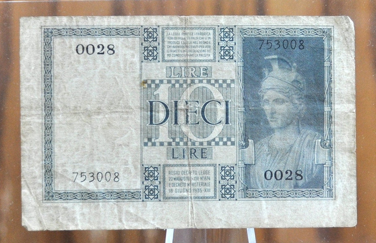 1935-39 10 Lire Italian Banknote - Italy Ten Lire Dieci Lire Banknote 1935 King Vittorio Emanuele III, Cool Old Banknote from WWII