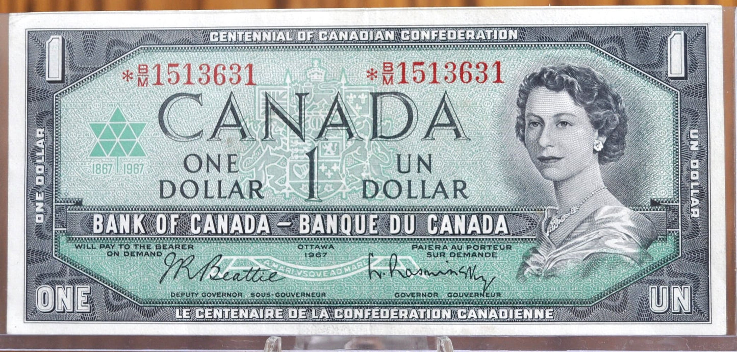 1967 Canadian 1 Dollar Prefix *B/M, Choice AU, Rarer 1967 Replacement Bill Canada Star Note - 1967 1 Dollar Note Canada 1967