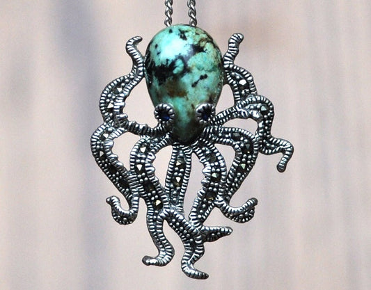 Beautiful Sterling Silver Octopus Pendent with Ocean Jasper Stone - Vintage Silver Necklace Pendent - Unique Piece, Lovely, Nautical Jewelry
