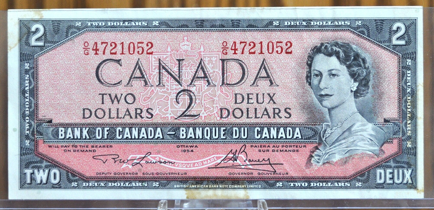 1954 Canadian 2 Dollar Banknote - AU (About Uncirculated) - 1954 Canadian Two Dollar Banknote 1954 - Crisp Notes Canada 2 Dollar Bill 1954