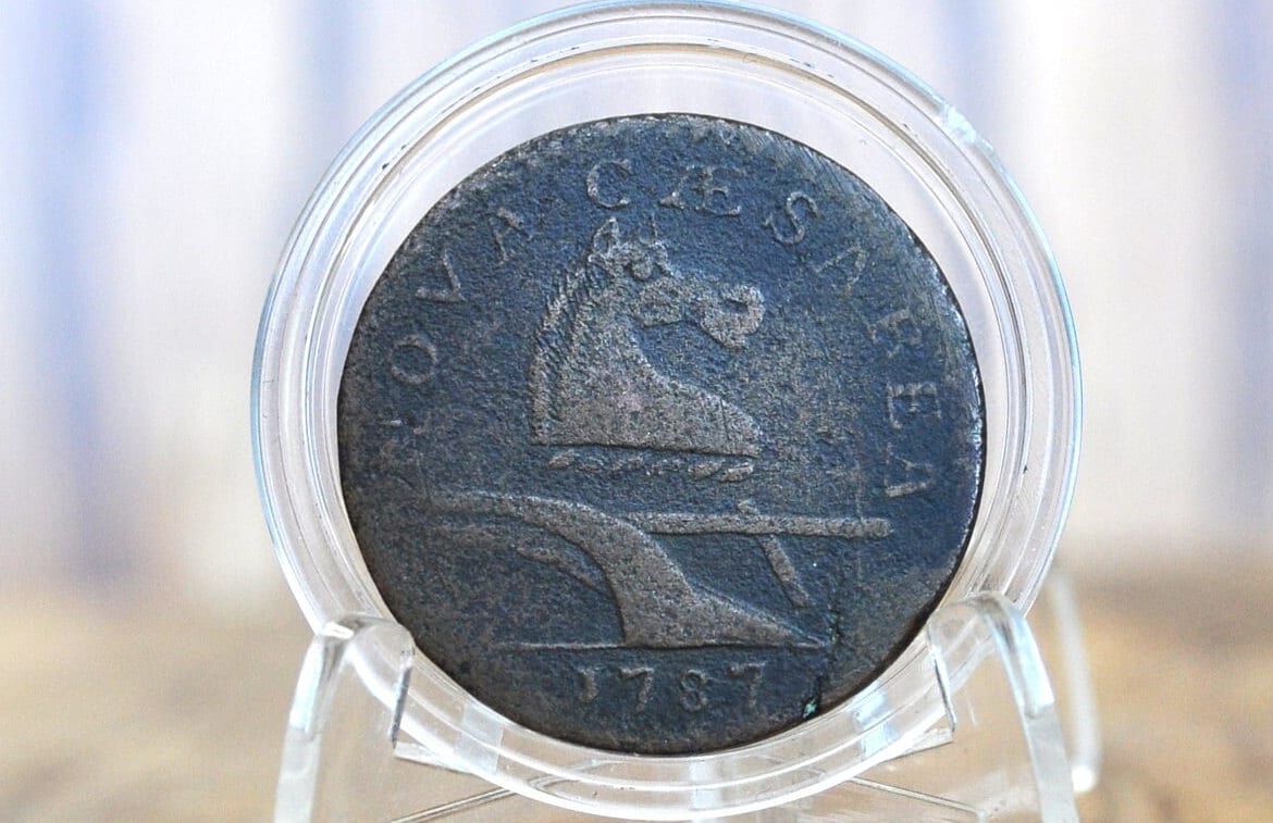 1787 New Jersey Copper, No Sprig Above Plow - Great Detail - Rare US Coin 1 Cent 1787 Colonial Issue Cent, NJ Copper Horse's Head with Plow