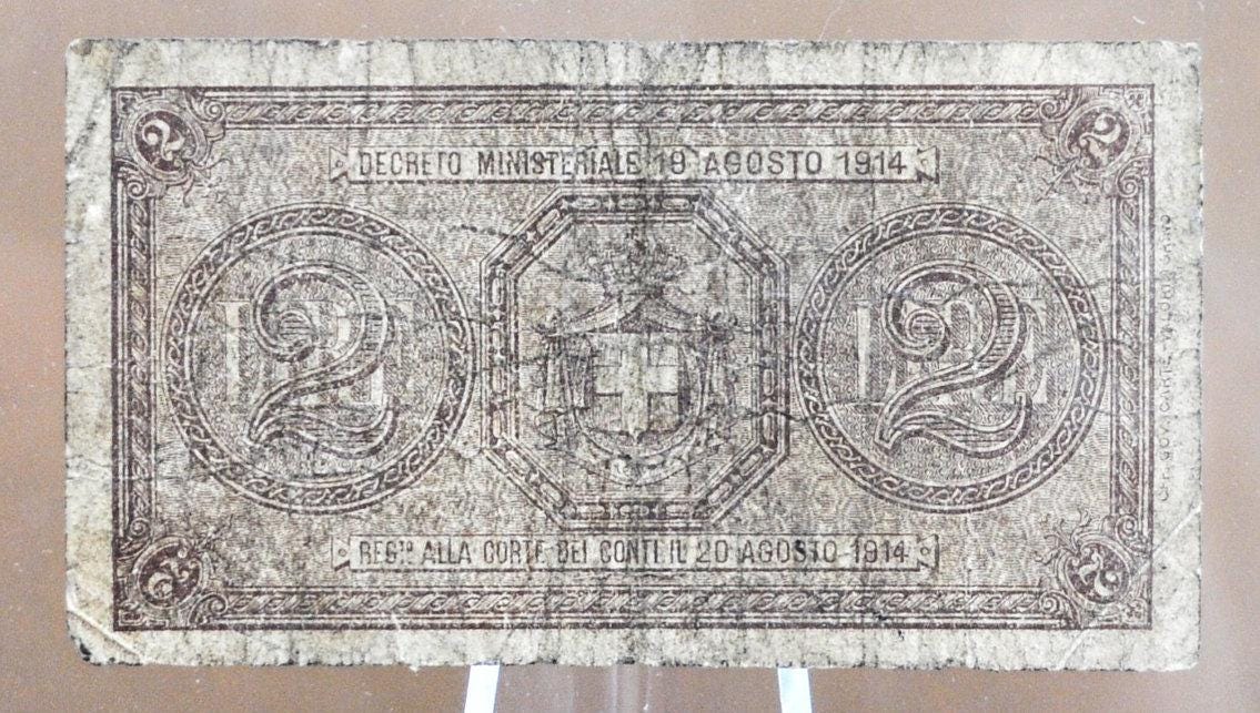 1914 Italy 2 Lire Banknote - Italy Two Lire Due Lire Paper Money 1914, Cool Old Banknote from Italy, Pick #37c